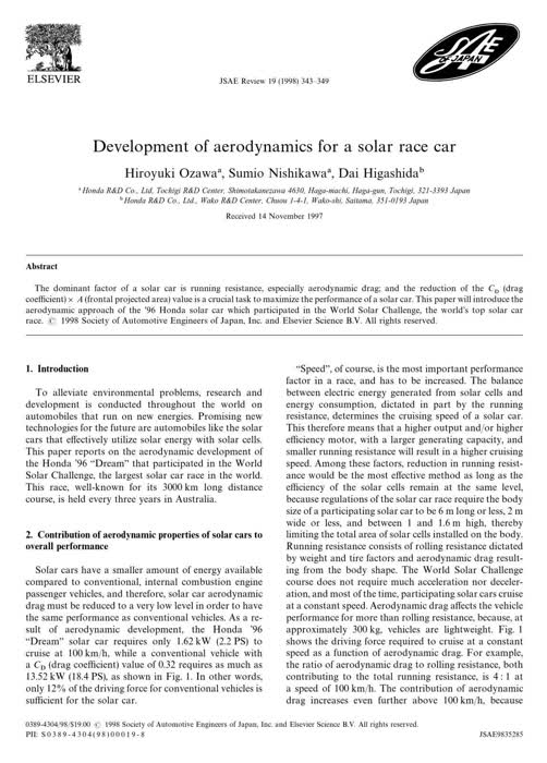 Development of aerodynamics for a solar race car